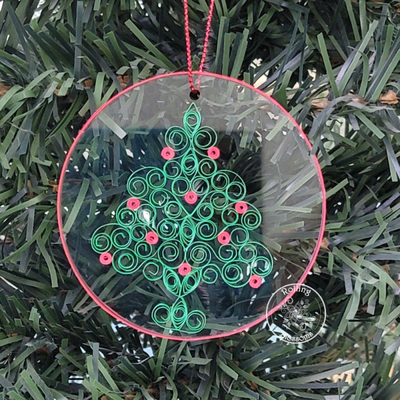 Quilled Christmas tree Christmas tree ornament on a three inch clear acrylic disk by Rolling Blossoms Quilled Christmas tree Christmas tree ornament on a three inch clear acrylic disk by Rolling Blossoms