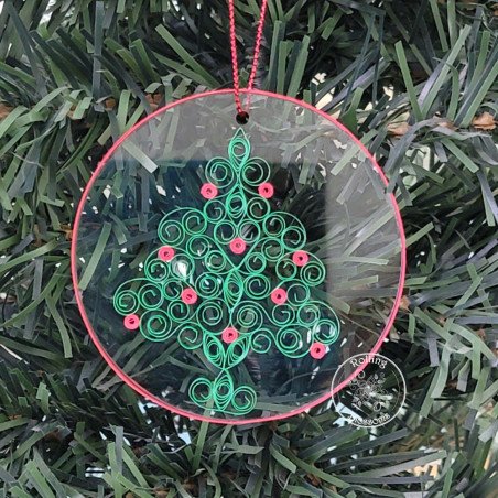 Quilled Christmas tree Christmas tree ornament on a three inch clear acrylic disk by Rolling Blossoms