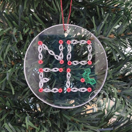 Quilled Noel Christmas tree ornament on a three inch clear acrylic disk by Rolling Blossoms