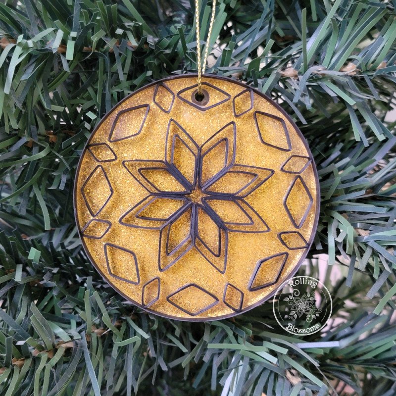 Quilled black and gold Christmas tree ornament on a three inch clear acrylic disk by rolling blossoms Quilled black and gold Christmas tree ornament on a three inch clear acrylic disk by rolling blossoms