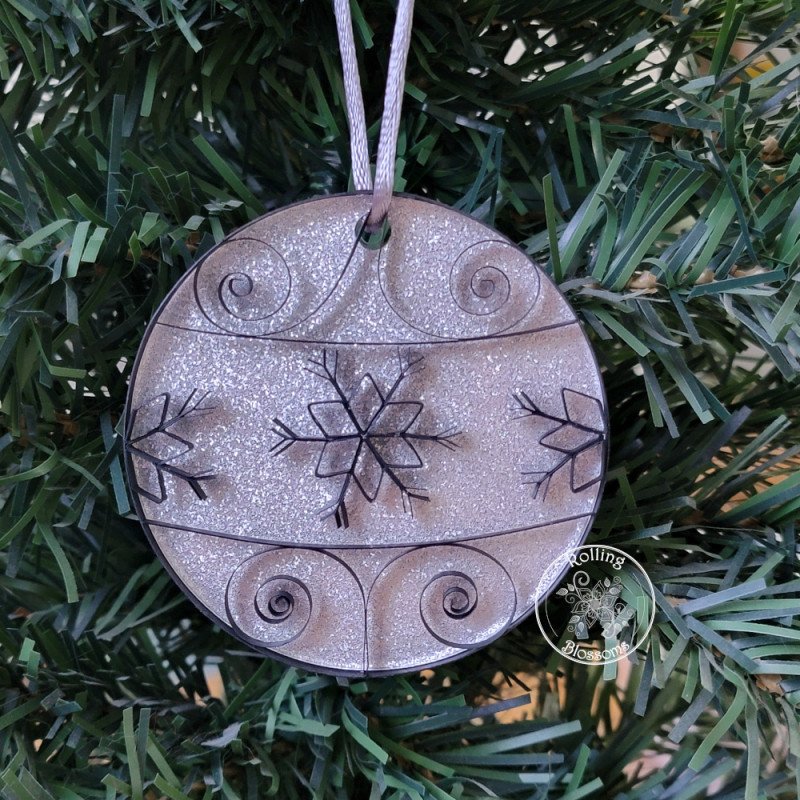 Quilled black and silver tree ornament on a three inch clear acrylic disk by rolling blossoms Quilled black and silver tree ornament on a three inch clear acrylic disk by rolling blossoms