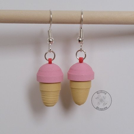Quilled strawberry ice cream cone earrings by rolling blossoms