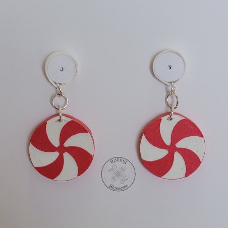 Quilled red peppermint stud earrings with white post by rolling blossoms.