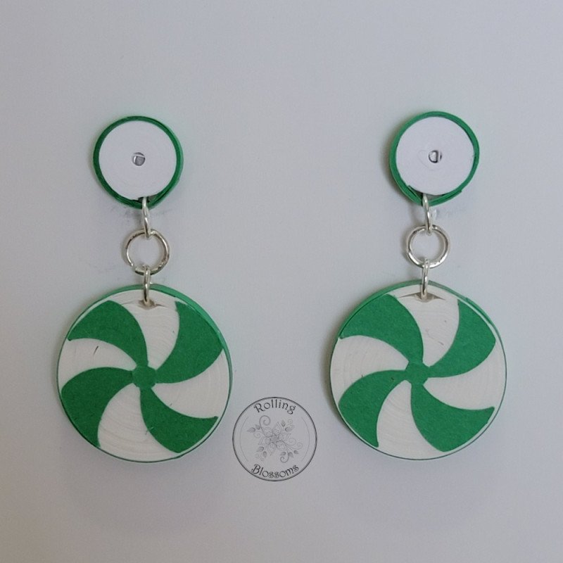 Quilled green peppermint stud earrings with green post by rolling blossoms. Quilled green peppermint stud earrings with green post by rolling blossoms.