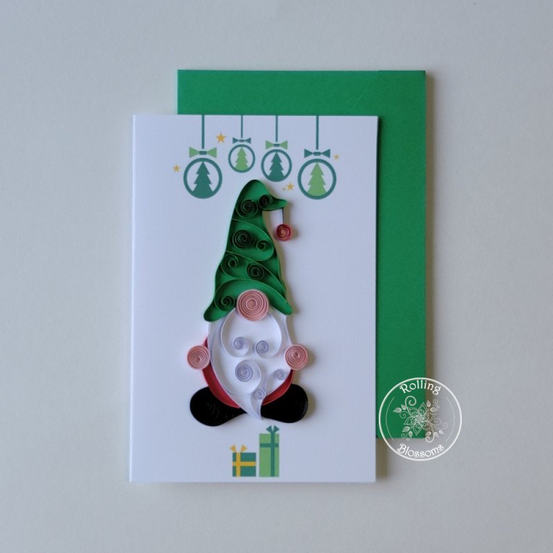 quilled standing gnome christmas card by rolling blossoms.