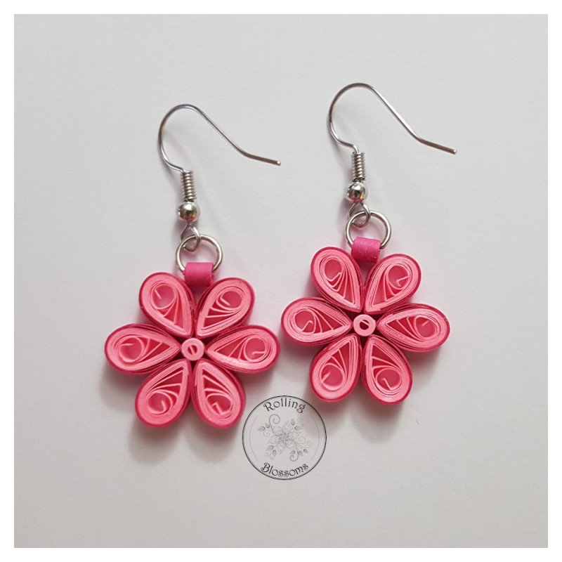 Quilled pink flower drop earrings by Rolling Blossoms Quilled pink flower drop earrings by Rolling Blossoms