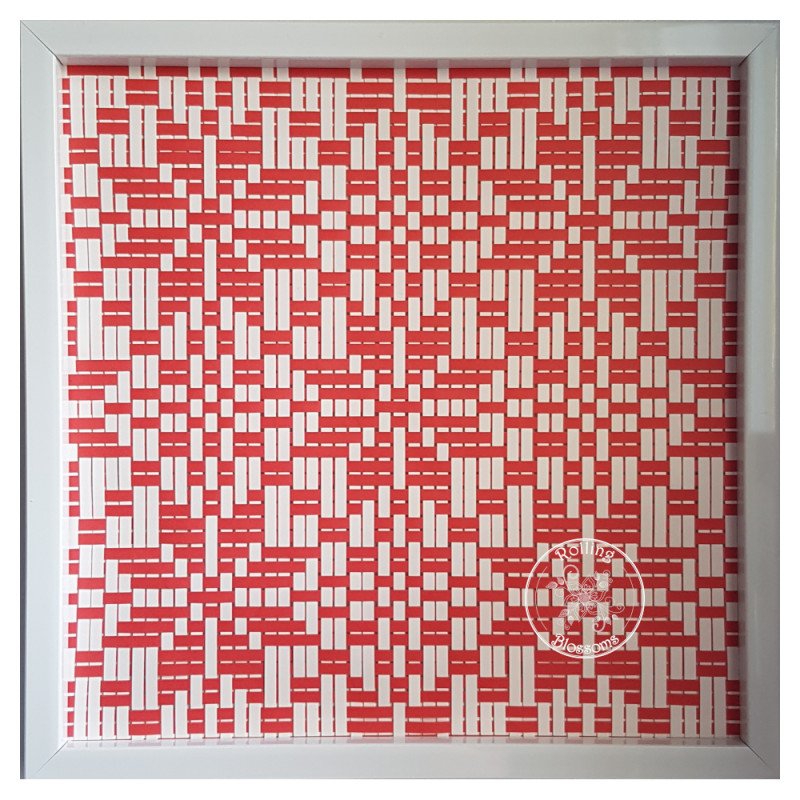 Red and white woven paper snowflake design in white hanging frame by rolling blossoms Red and white woven paper snowflake design in white hanging frame by rolling blossoms