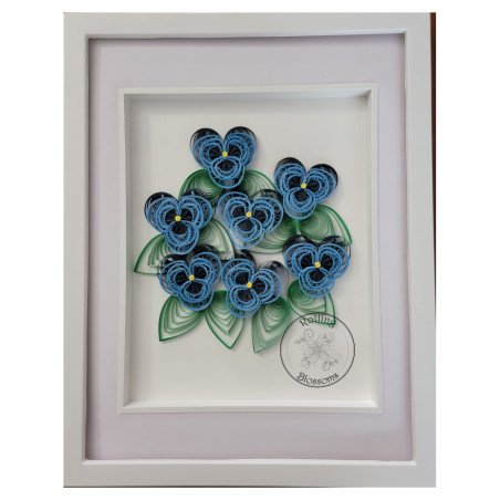 Quilled blue pansies large wall hanging by rolling blossoms