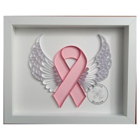 Quilled breast cancer awareness ribbon by rolling blossoms