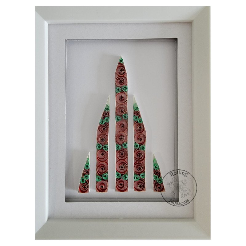 Quilled Red and green Christmas tree design in white frame by rolling blossoms Quilled Red and green Christmas tree design in white frame by rolling blossoms