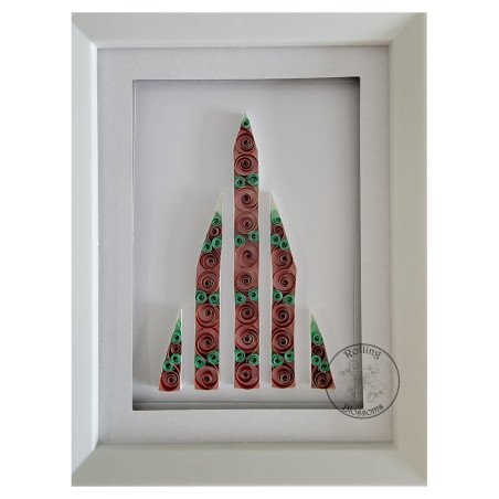 Quilled Red and green Christmas tree design in white frame by rolling blossoms