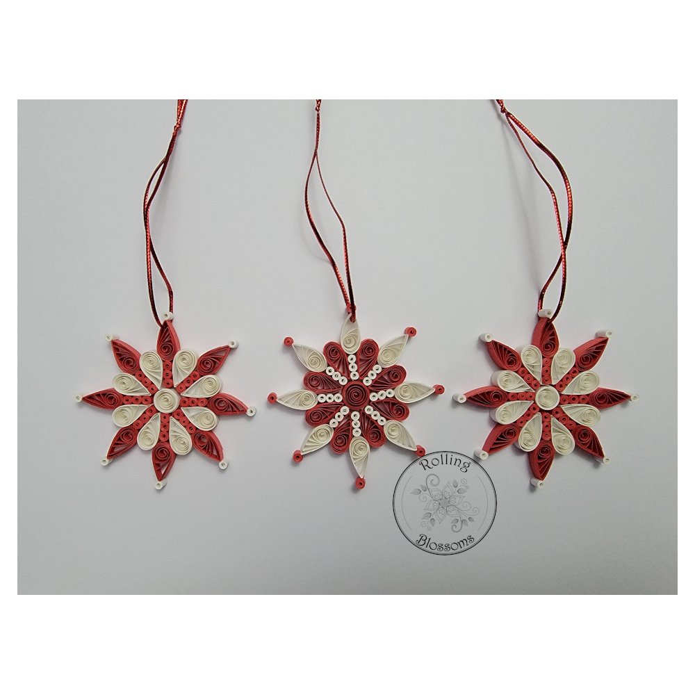 Quilled red and white snowflake ornaments