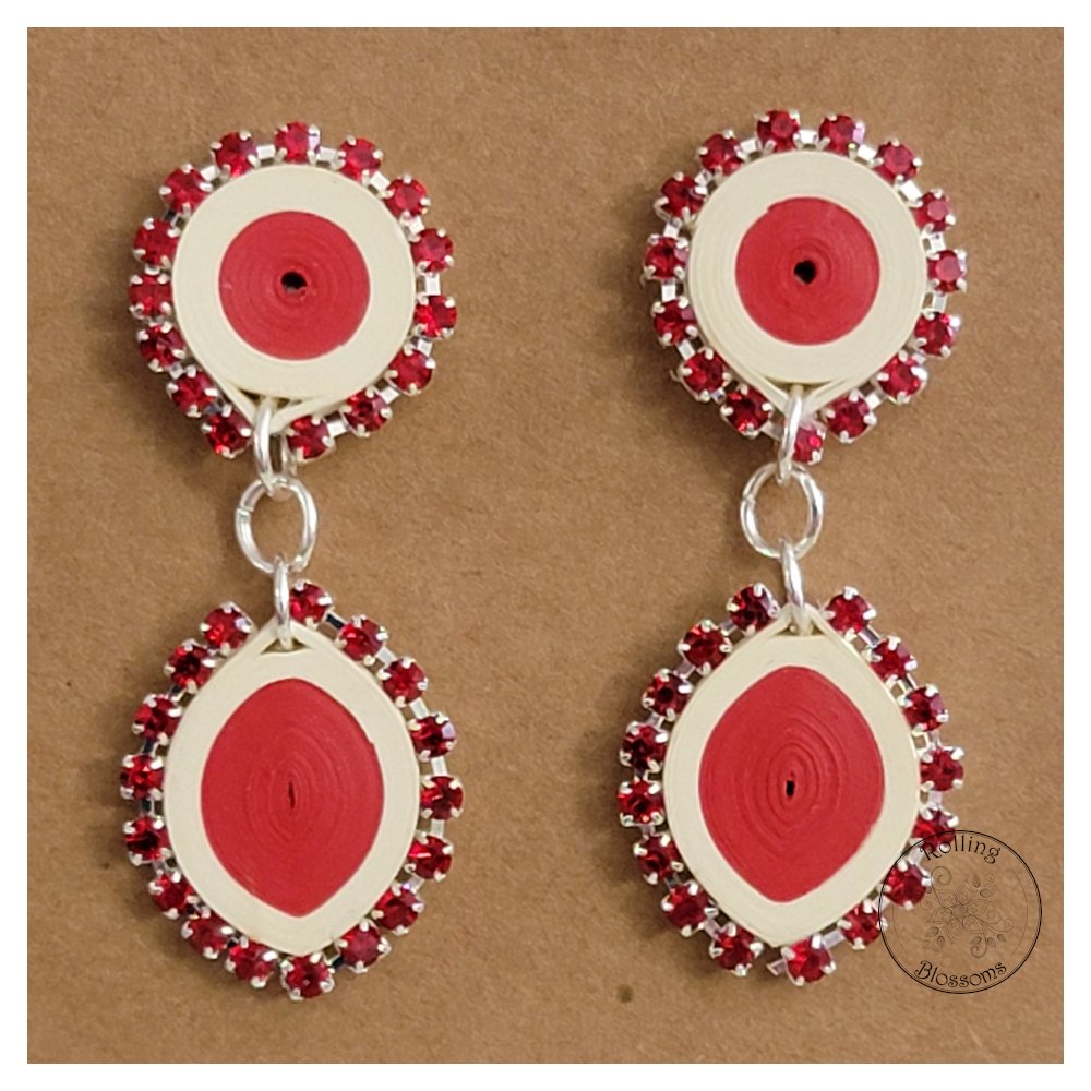 quilled red and white gem earrings