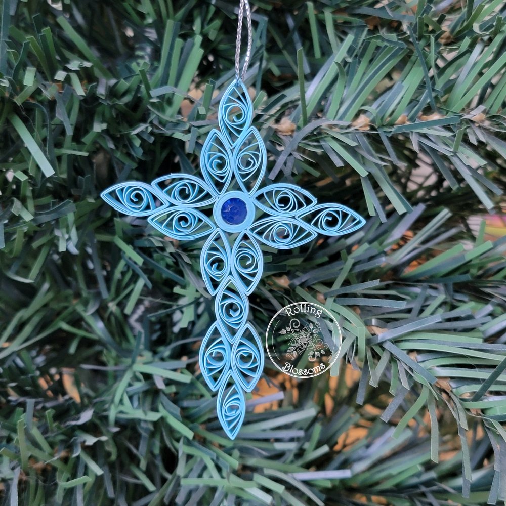 Quilled Blue Gem Cross Christmas Ornament