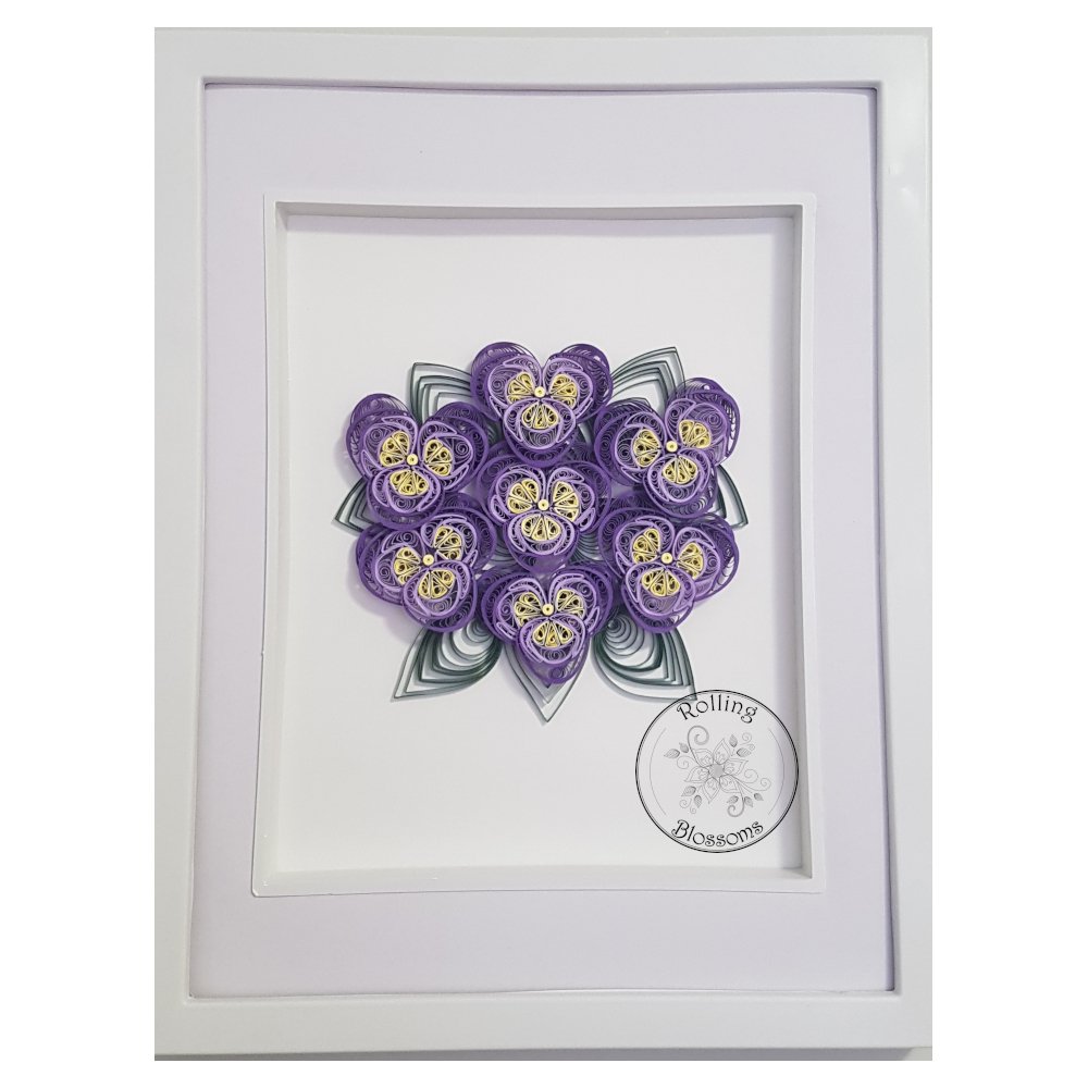 Quilled purple and yellow pansy wall hanging